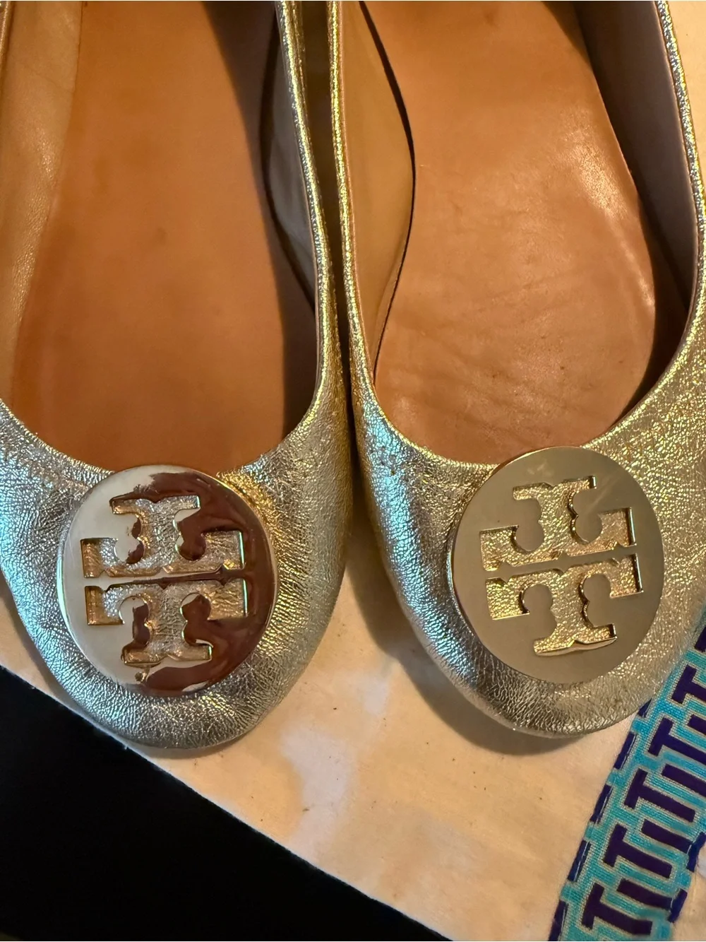 Tory Burch Metallic Gold Logo Ballet Flats